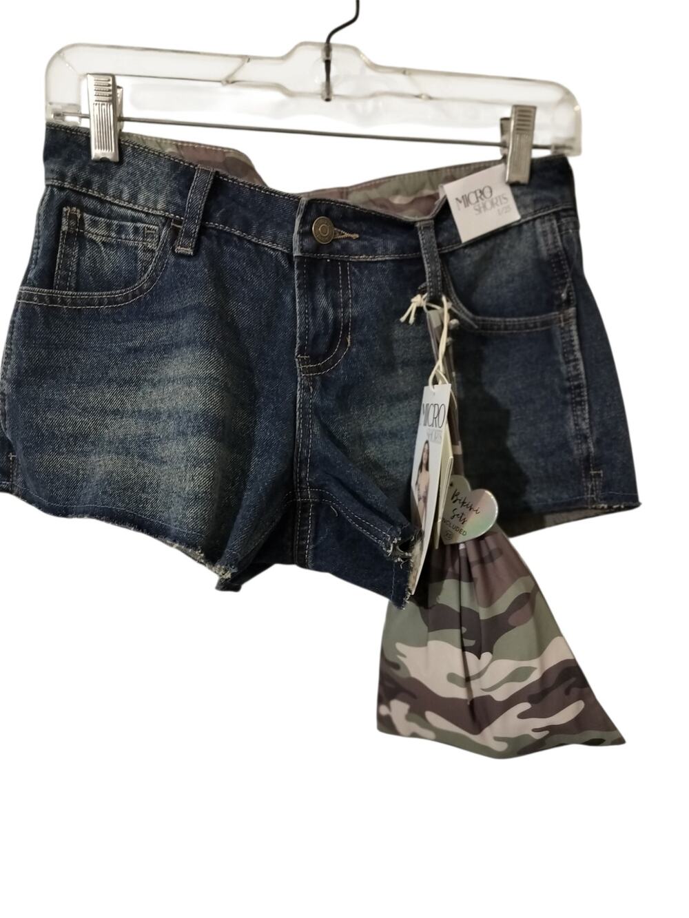 6018)Simple Society Denim & Camo Microshorts & matching Camo Bikini set Sz 1-25